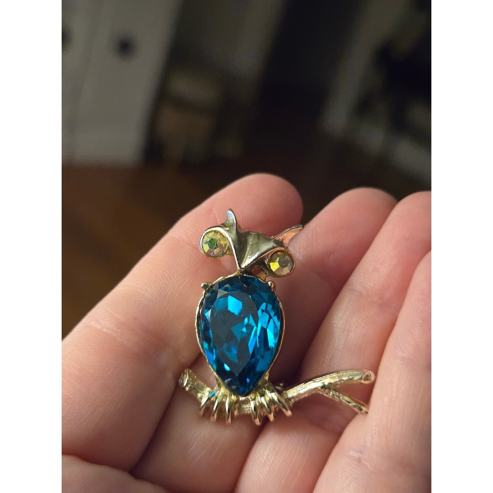 Dodds Owl Brooch Vintage Cerulean Blue Rhinestone Bird Branch Signed